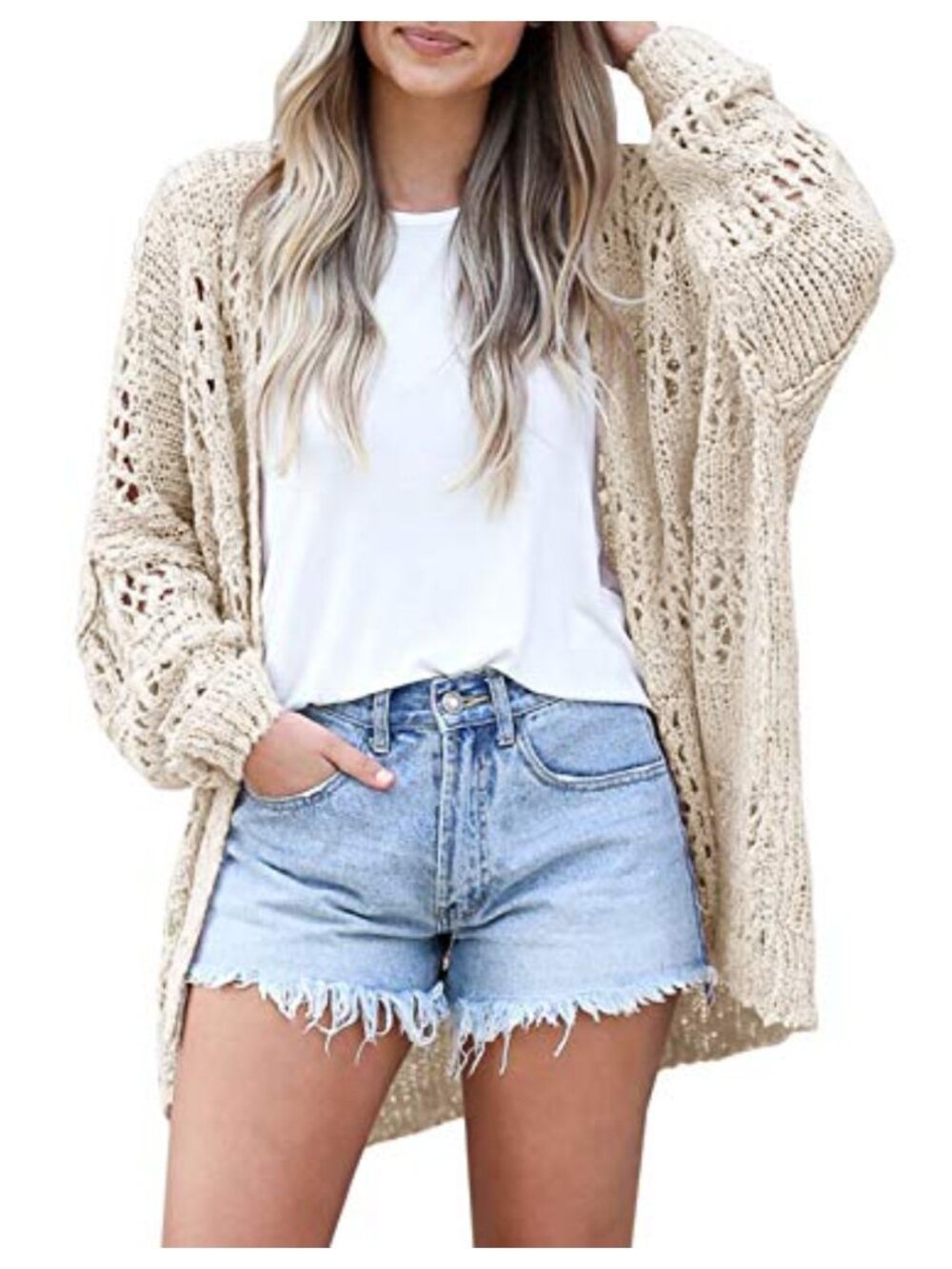 Lightweight Open Front Crochet Cardigan Batwing Sleeve Summer